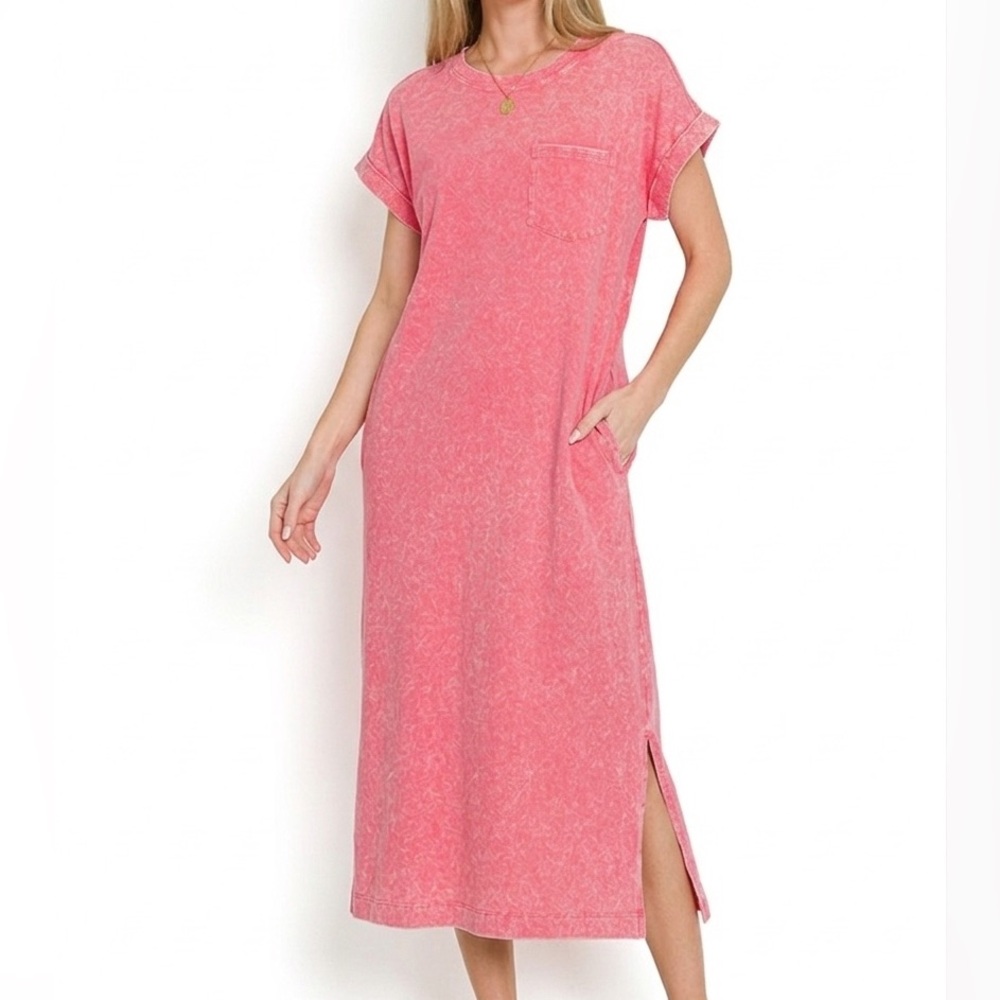 NWT Zenana Fuchsia Pink Acid Wash Short Sleeve Midi Length T-Shirt Dress